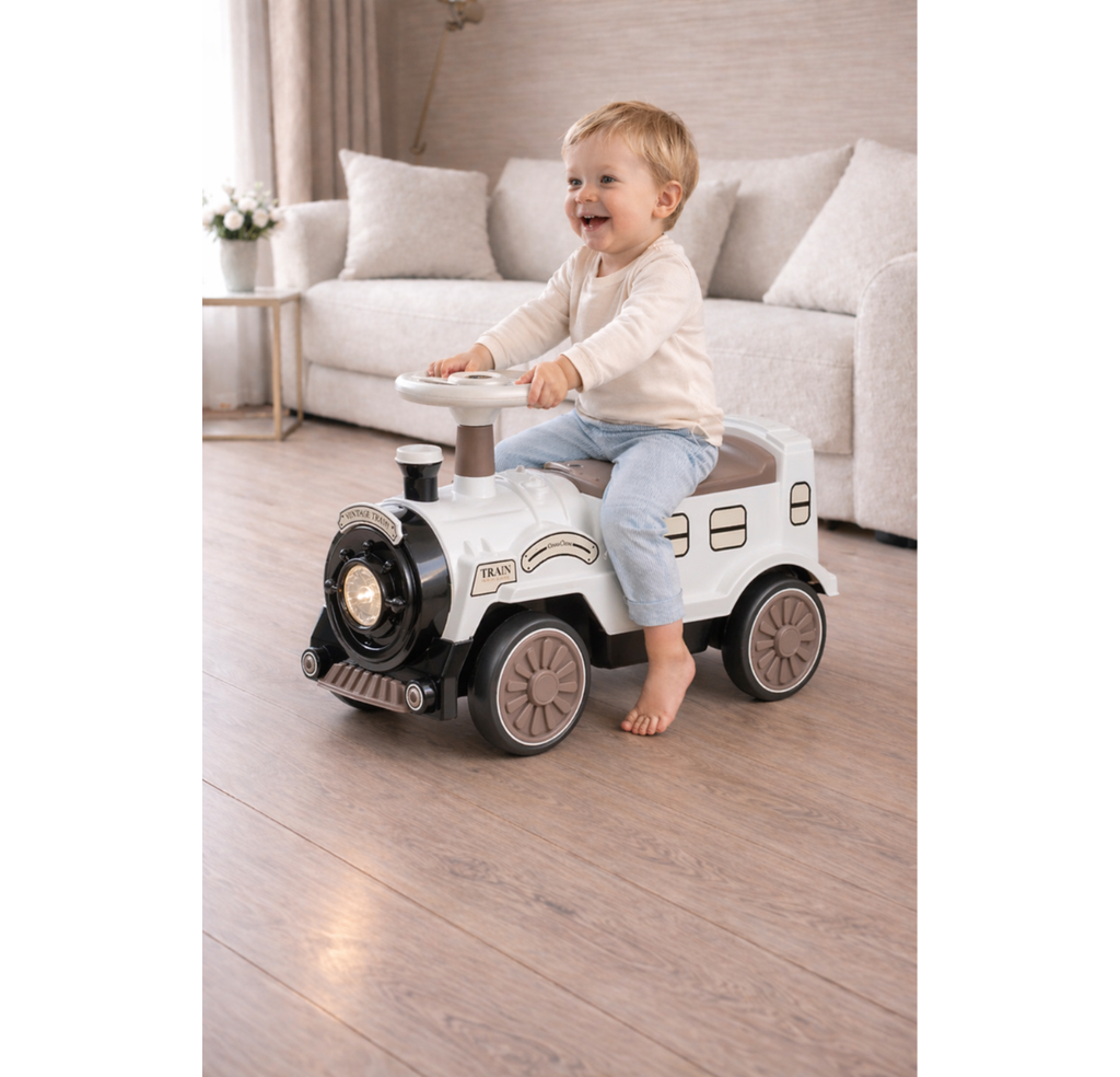 Looptrein Vintage Bruin/Wit – Loopauto 60 cm - Kinderspeelgoed