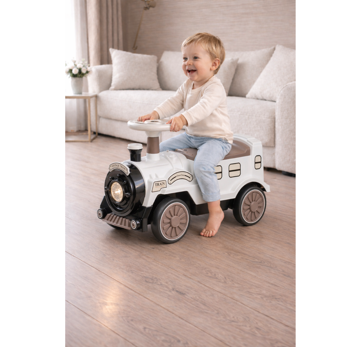Looptrein Vintage Bruin/Wit – Loopauto 60 cm - Kinderspeelgoed