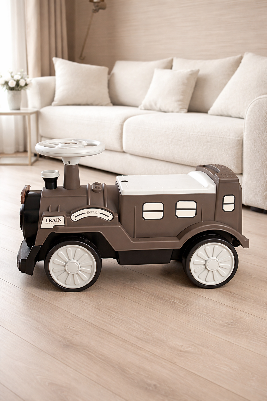 Looptrein Vintage Bruin/Wit – Loopauto 60 cm - Kinder Speelgoed