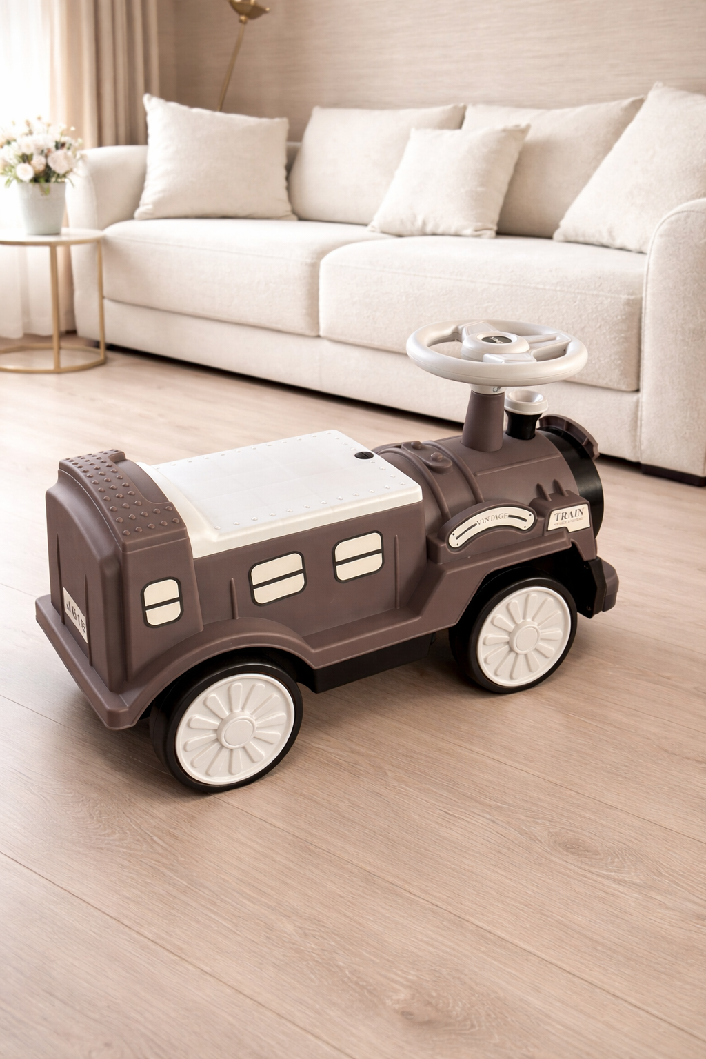 Looptrein Vintage Bruin/Wit – Loopauto 60 cm - Kinder Speelgoed