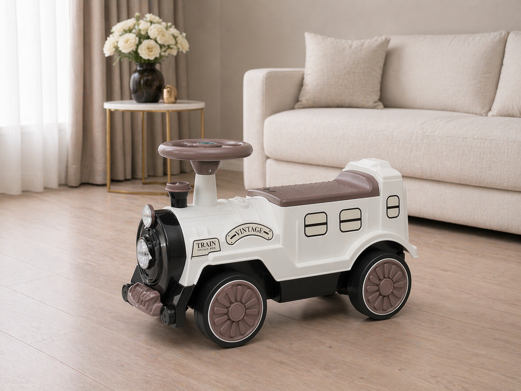 Looptrein Vintage Bruin/Wit – Loopauto 60 cm - Kinderspeelgoed